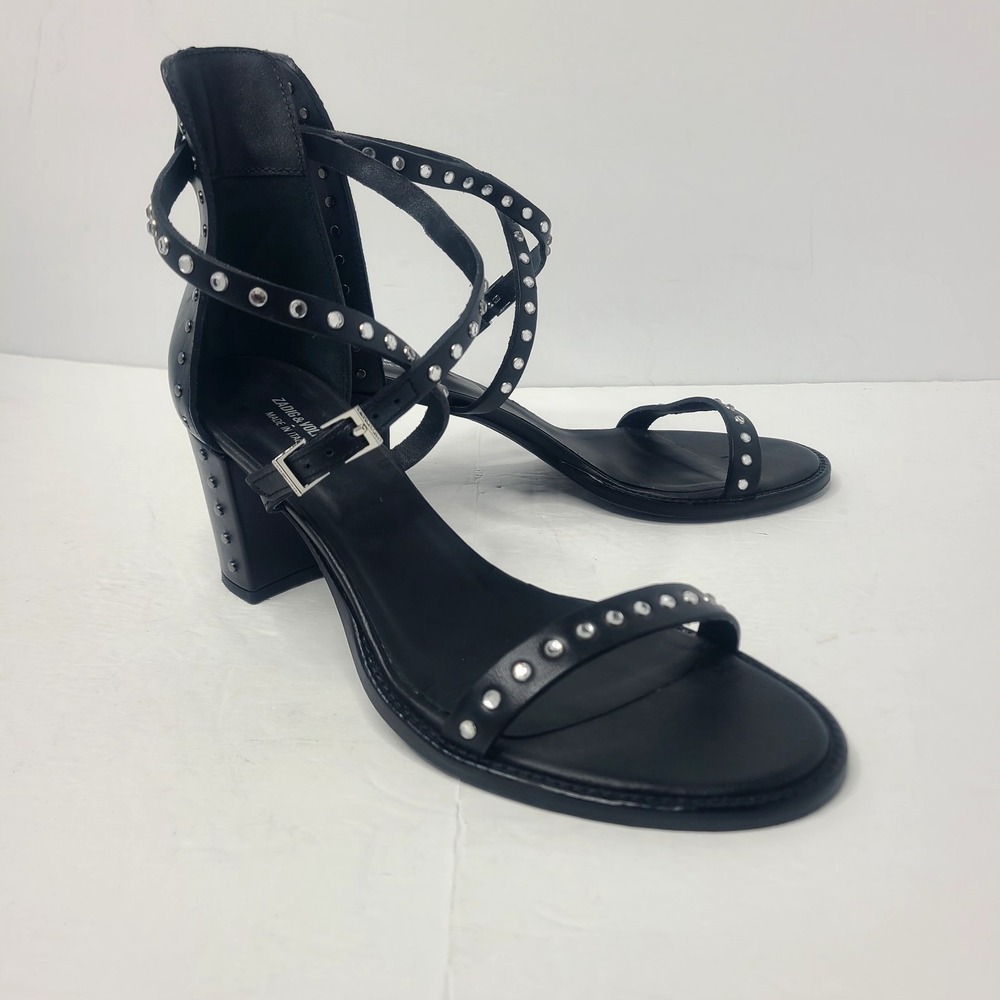Zadig & Voltaire May Studded Black Leather Block Heel Sandal Strappy Edgy 41